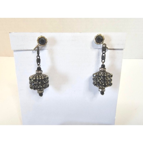 Jewelry - VTG Black Crystal/Rhinestone Lantern Dangling‎ Clip On Earrings - DeMario?